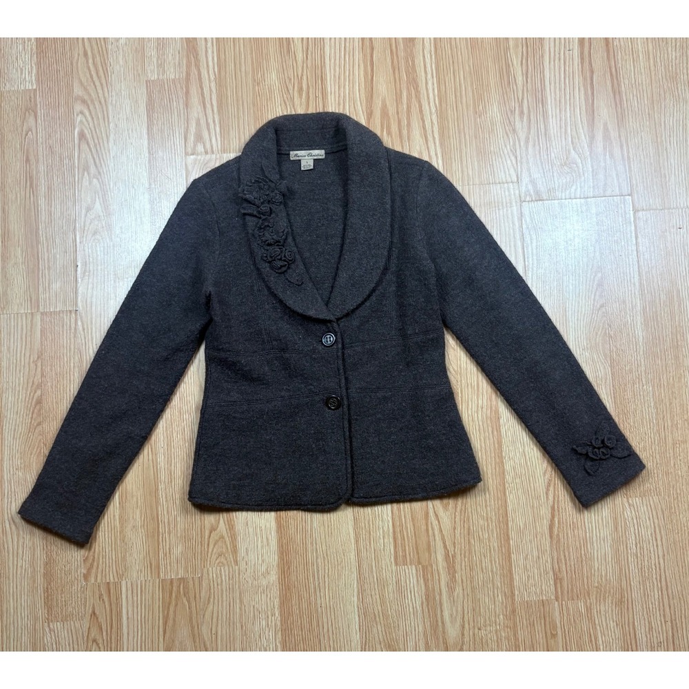 Marisa Christina Brown 100% Wool Floral Applique Shawl Collar Blazer Sweater S